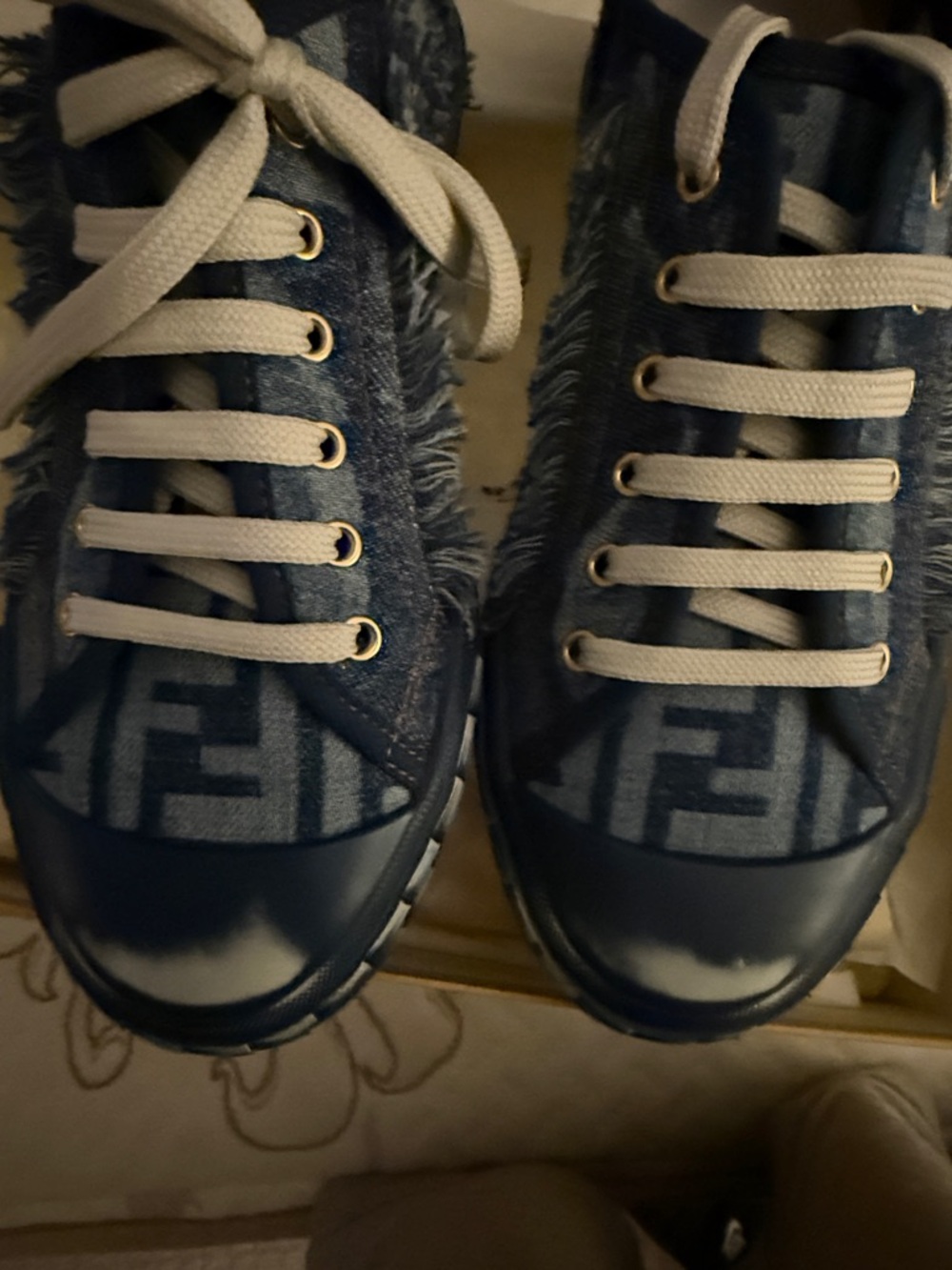 Fendi Navy and White Denim Low-Top Sneakers